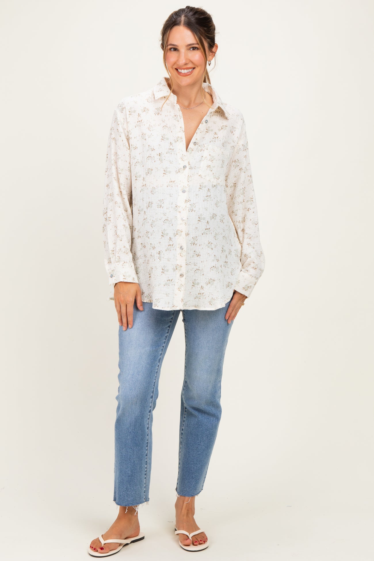 Sage Floral Cotton Gauze Button-Down Maternity Shirt