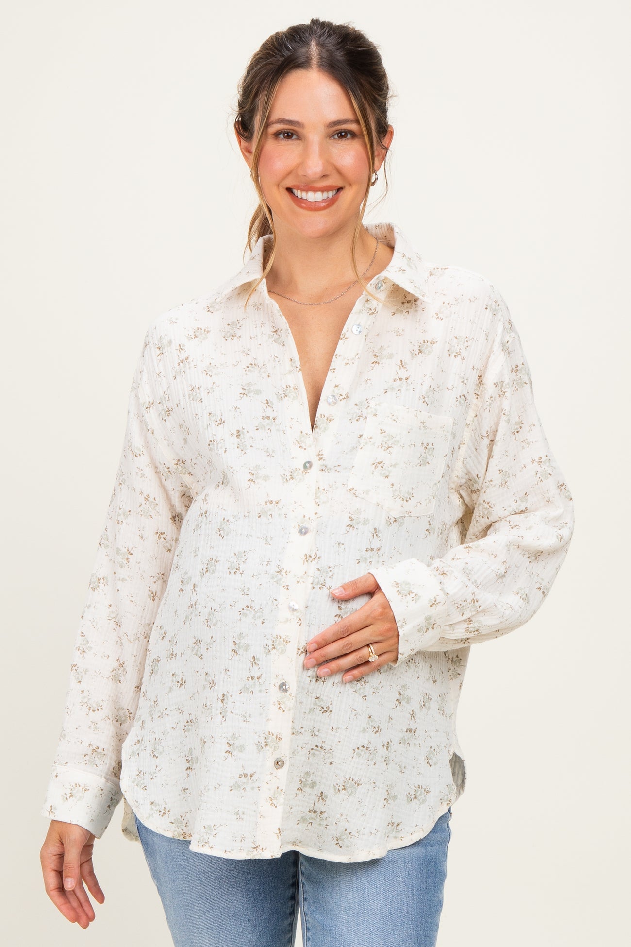 Sage Floral Cotton Gauze Button-Down Maternity Shirt