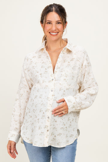 Sage Floral Cotton Gauze Button-Down Maternity Shirt