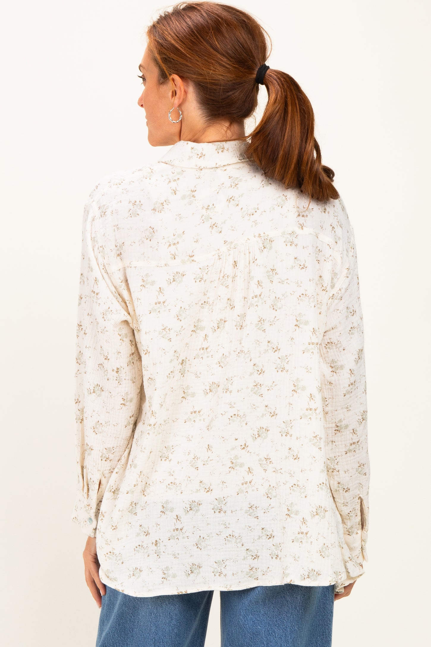 Sage Floral Cotton Gauze Button-Down Shirt