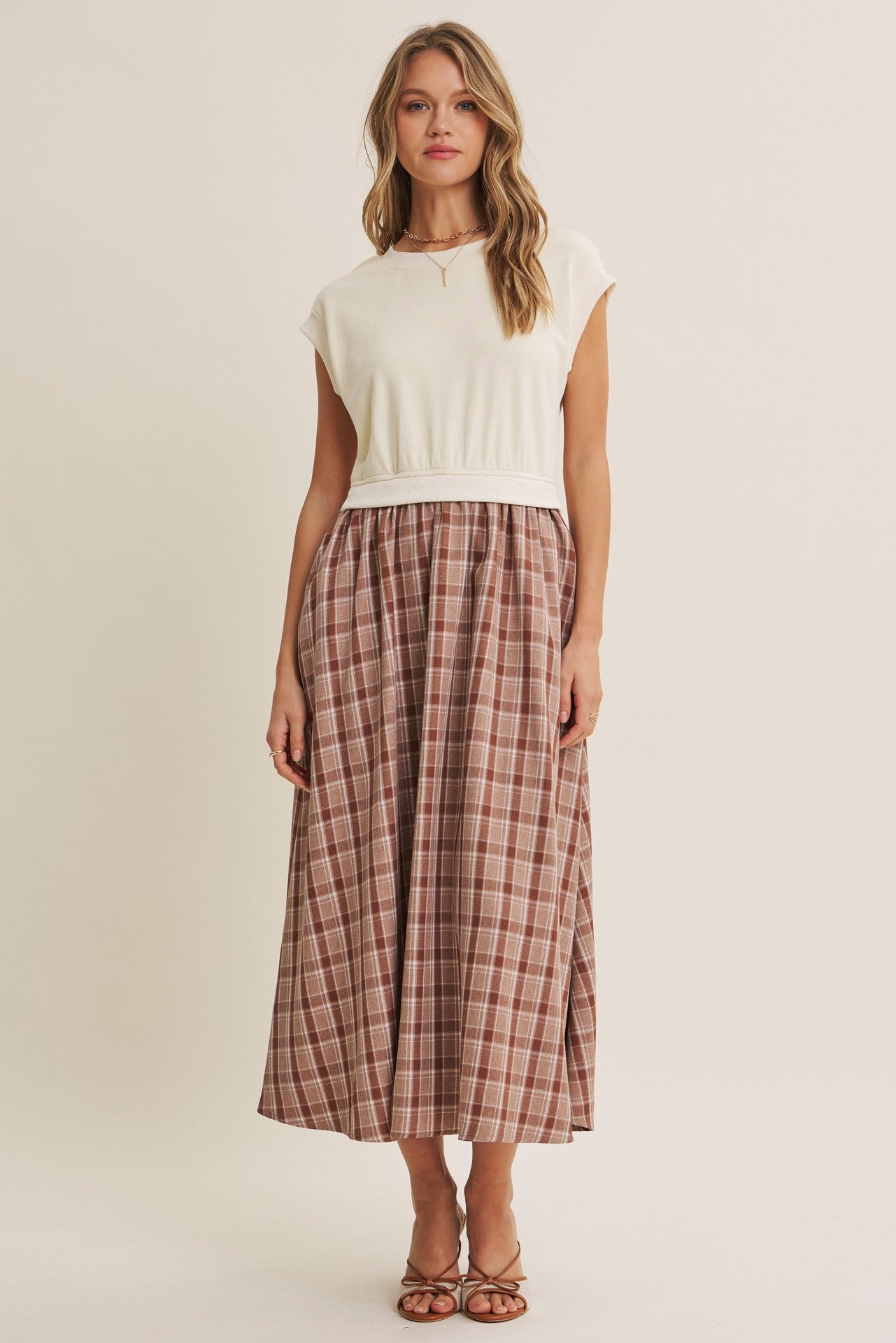 Cream/Mocha Plaid Cap Sleeve Midi Dress