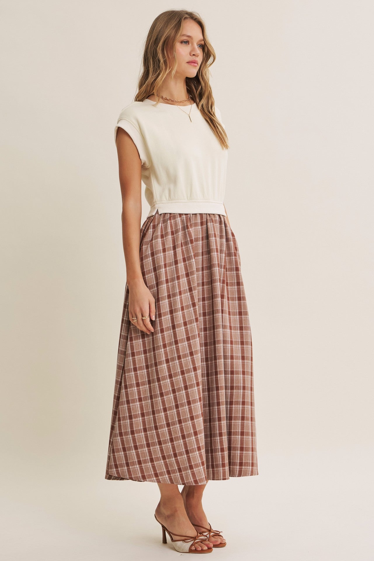 Cream/Mocha Plaid Cap Sleeve Midi Dress