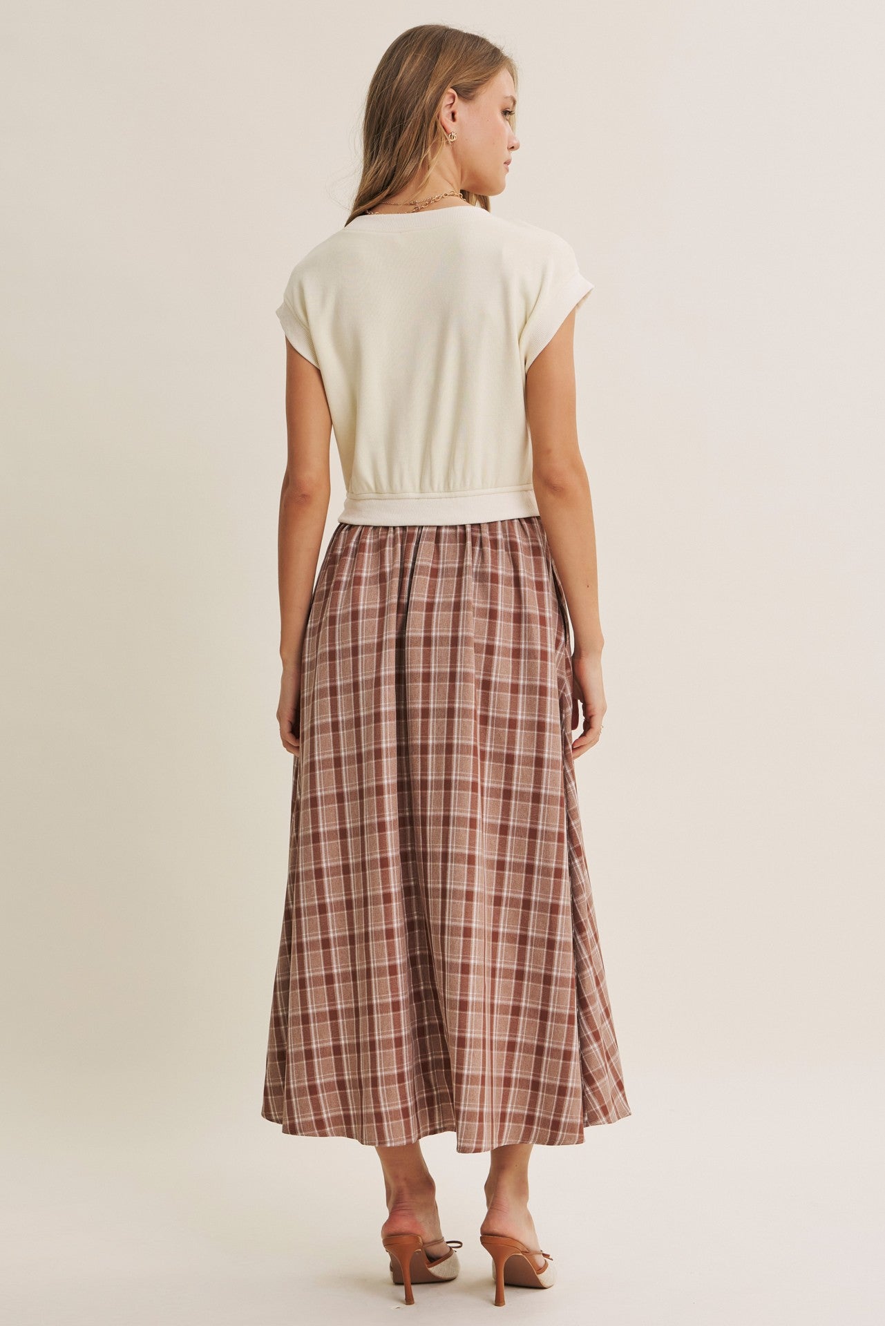 Cream/Mocha Plaid Cap Sleeve Midi Dress