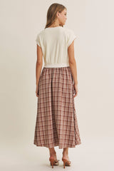 Cream/Mocha Plaid Cap Sleeve Midi Dress