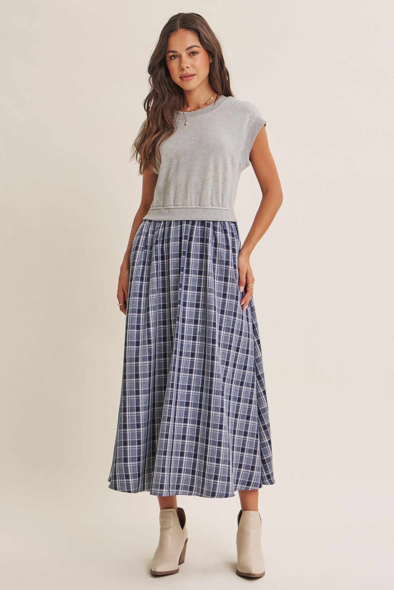 Heather Grey/ Navy Plaid Cap Sleeve Maternity Midi Dress