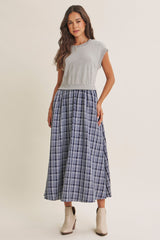 Heather Grey/ Navy Plaid Cap Sleeve Maternity Midi Dress