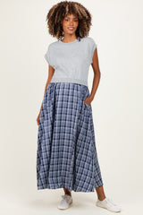 Heather Grey/ Navy Plaid Cap Sleeve Maternity Midi Dress