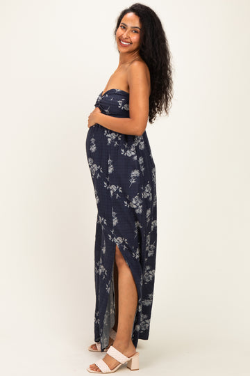 Dark Blue Floral Strapless Cutout Maternity Maxi Dress
