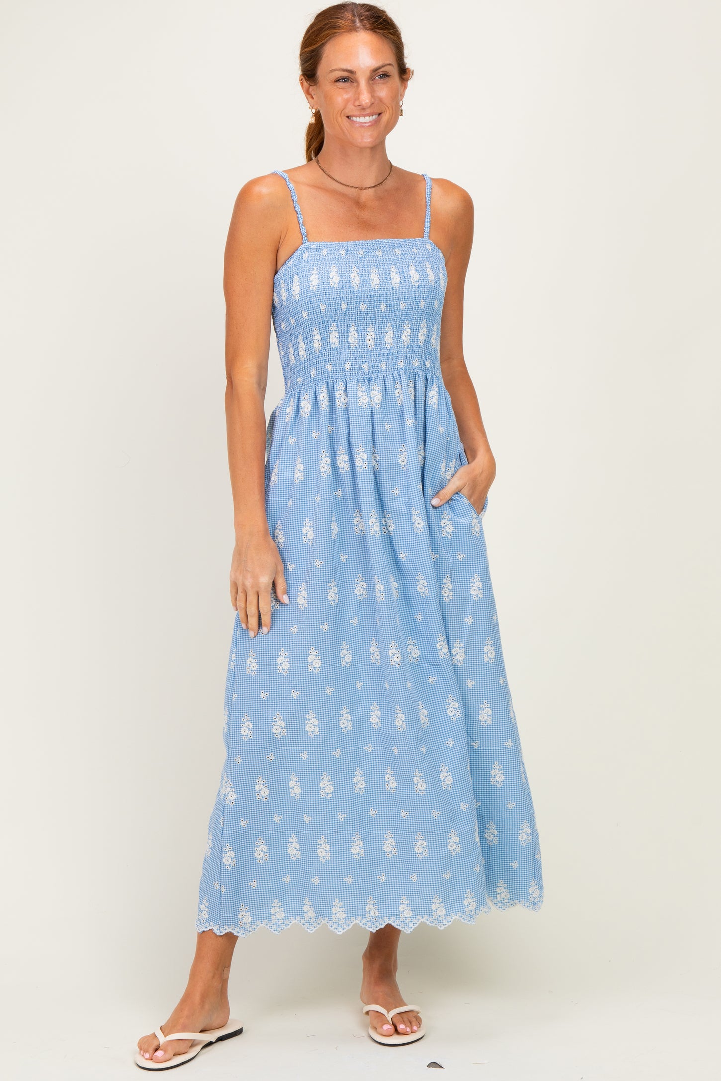 Blue Embroidered Smocked Maxi Dress