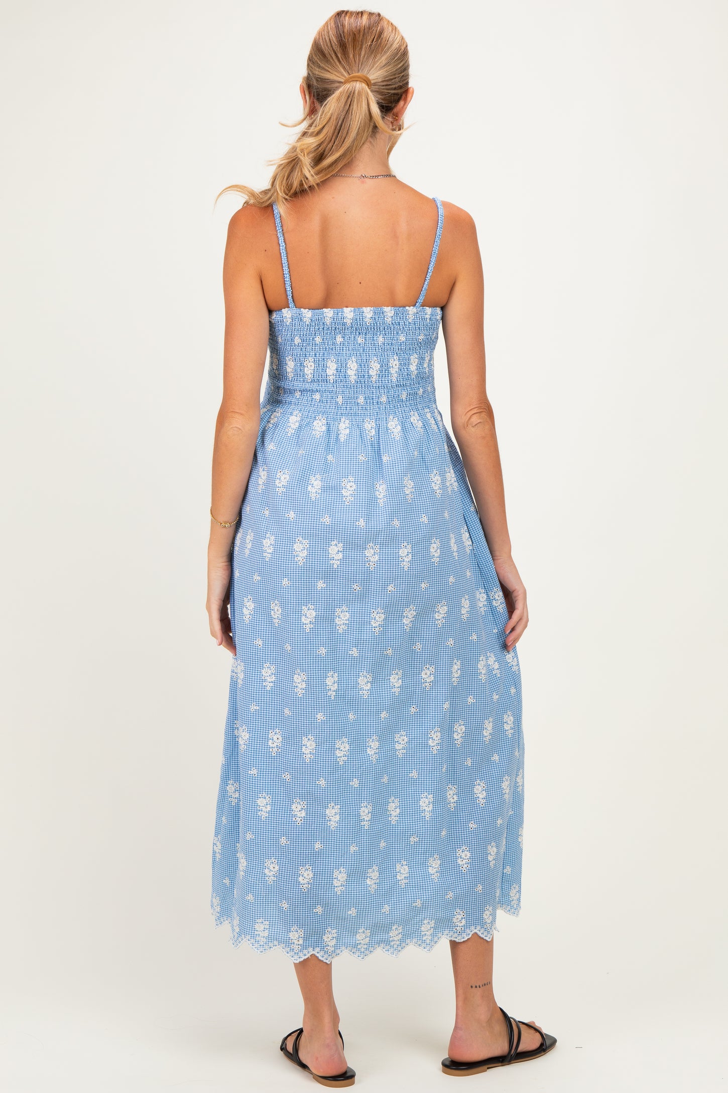 Blue Embroidered Smocked Maternity Maxi Dress