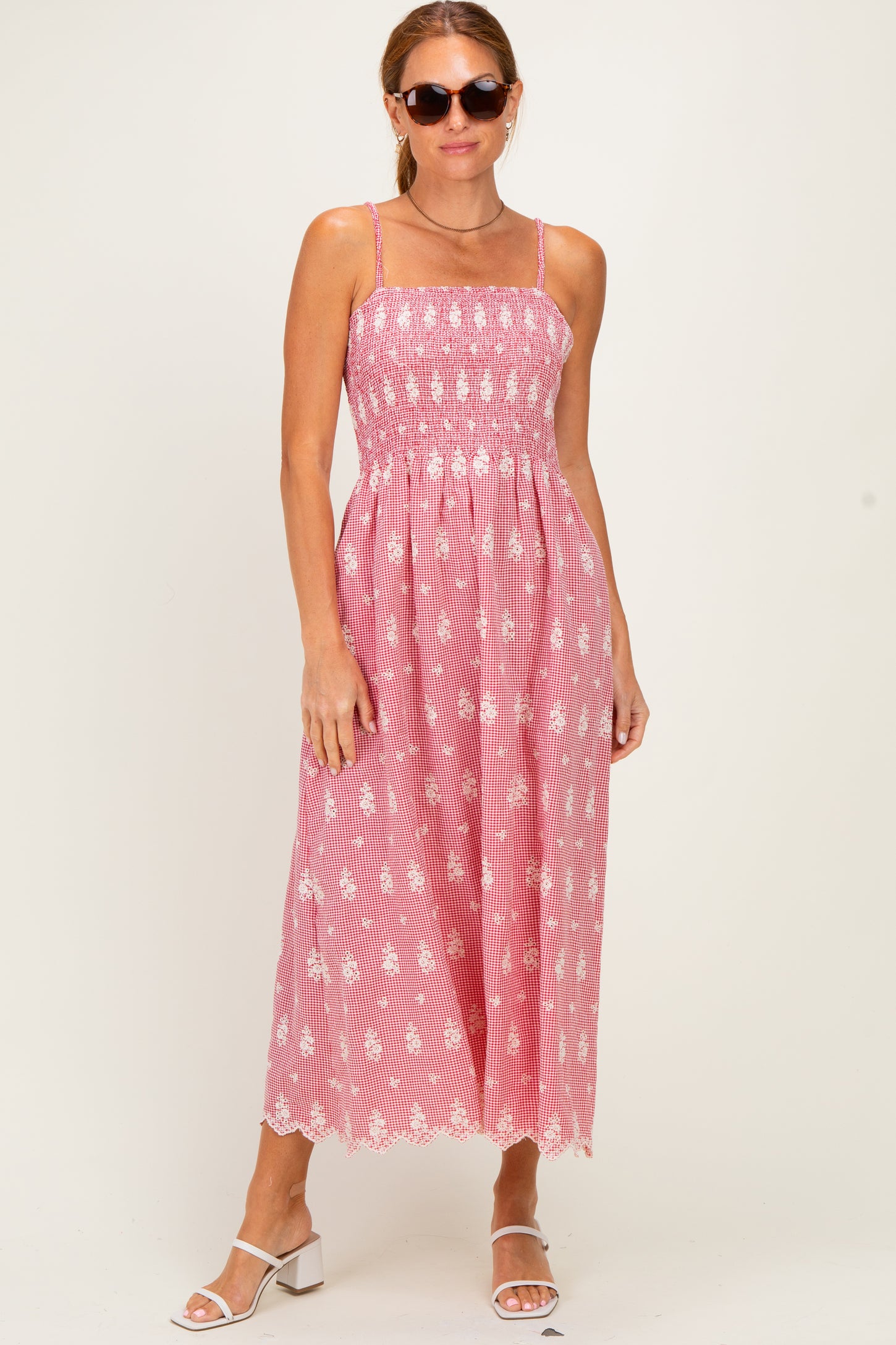 Red Embroidered Smocked Maxi Dress