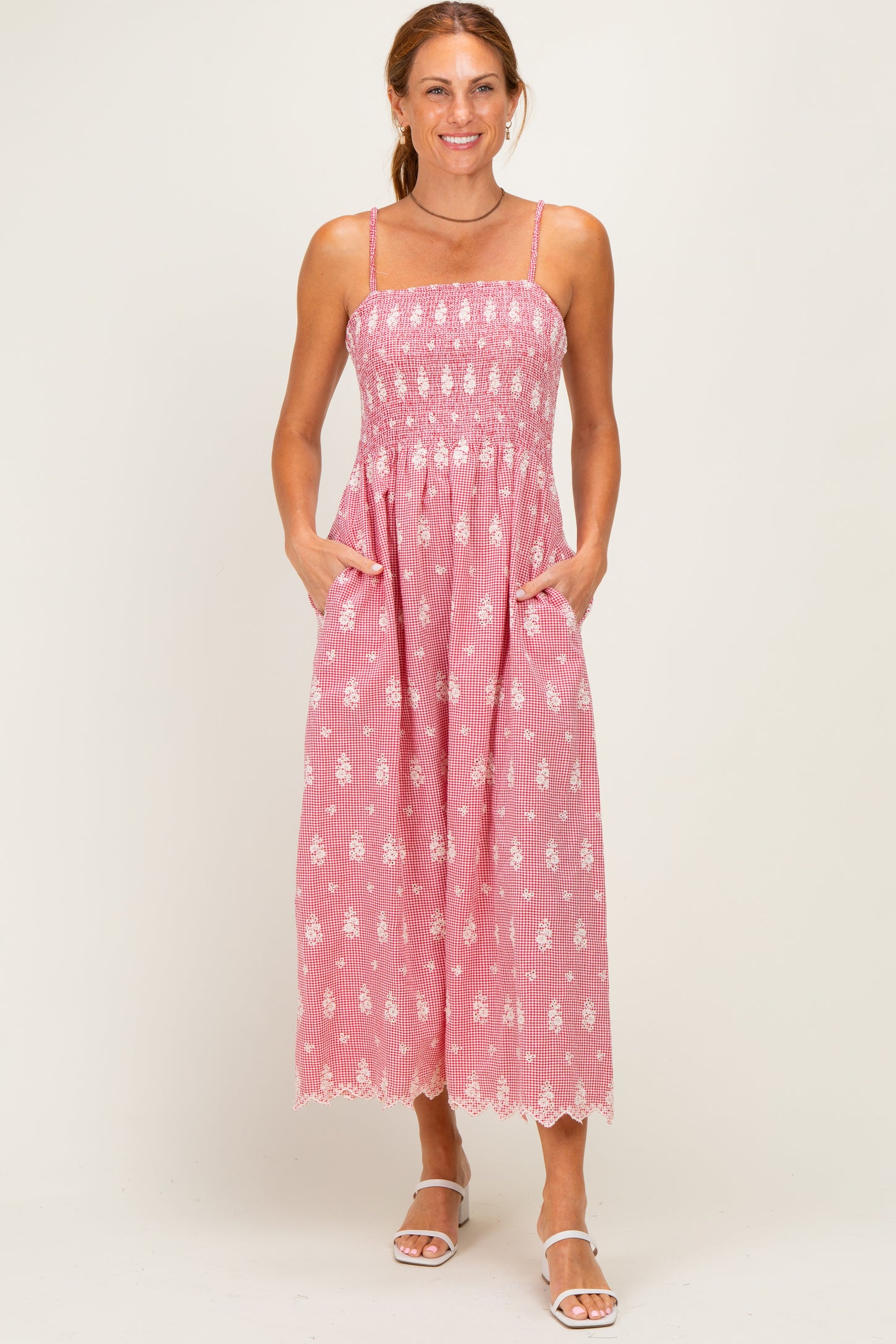 Red Embroidered Smocked Maxi Dress