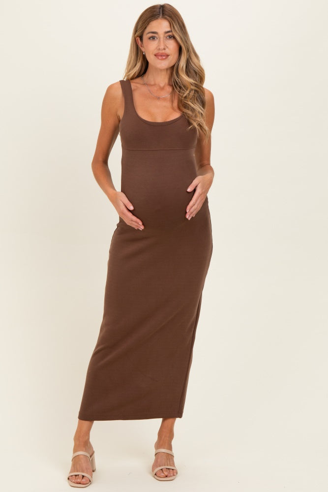 Brown Fitted Cutout Maternity Maxi Tank Dress
