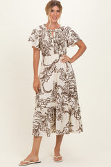 Taupe Floral Smocked Front Tie Midi Dress