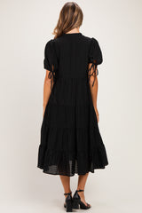 Black Drawstring Waist Tiered Maternity Midi Dress