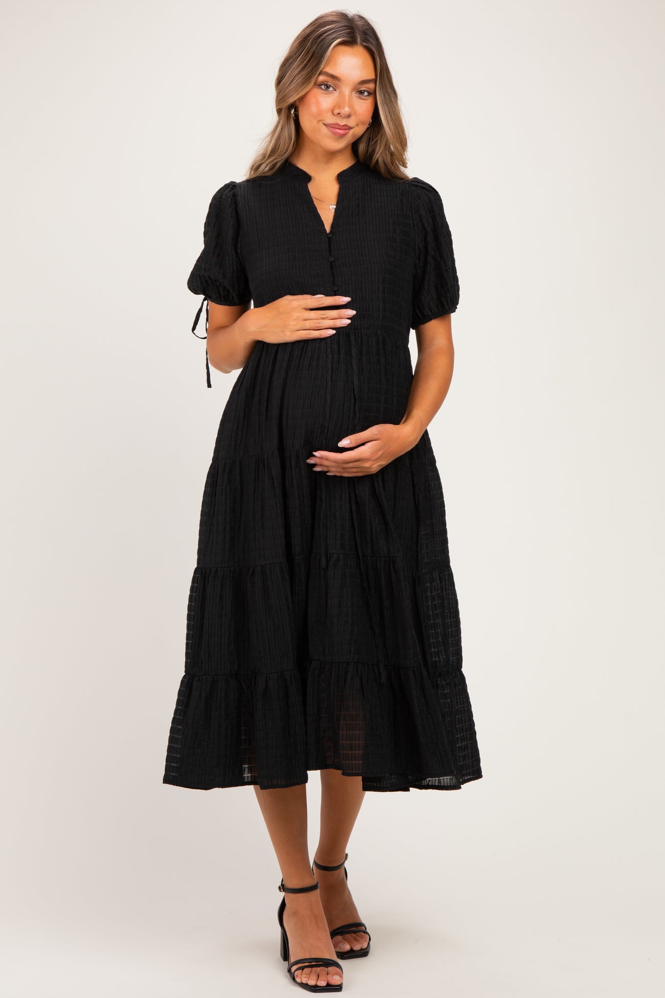 Black Drawstring Waist Tiered Maternity Midi Dress