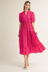 Fuchsia Drawstring Waist Tiered Midi Dress