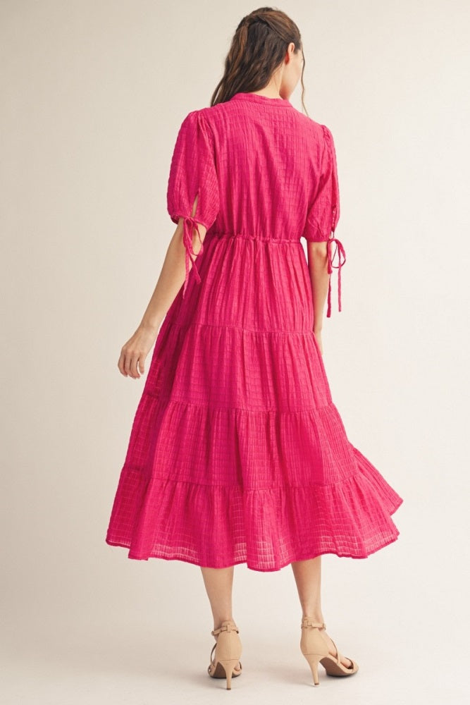 Fuchsia Drawstring Waist Tiered Midi Dress