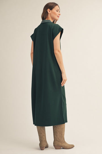 Hunter Green Striped Collared Side Slit Midi Dress
