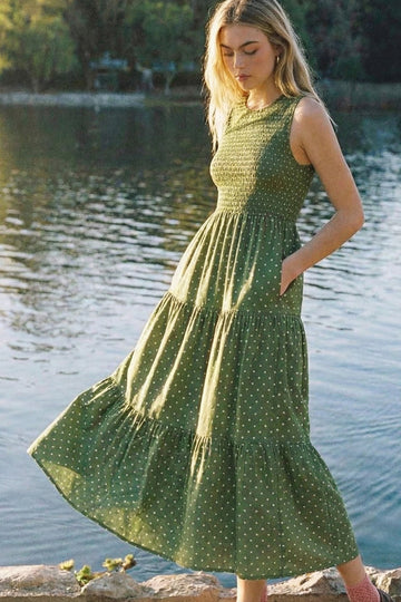 Olive Polka Dot Smocked Tiered Maxi Dress