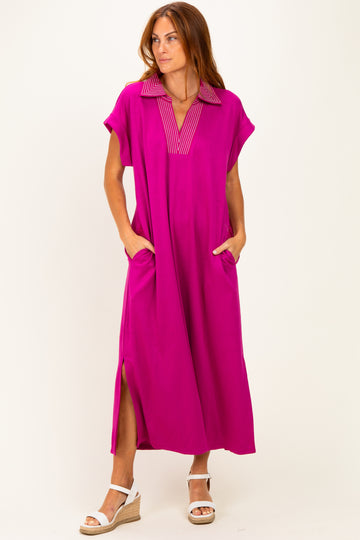 Magenta Striped Collared Side Slit Midi Dress