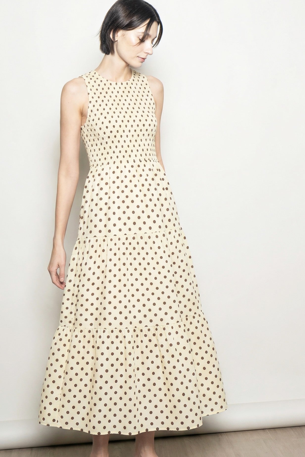 Cream Polka Dot Smocked Tiered Maternity Maxi Dress