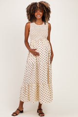 Cream Polka Dot Smocked Tiered Maternity Maxi Dress