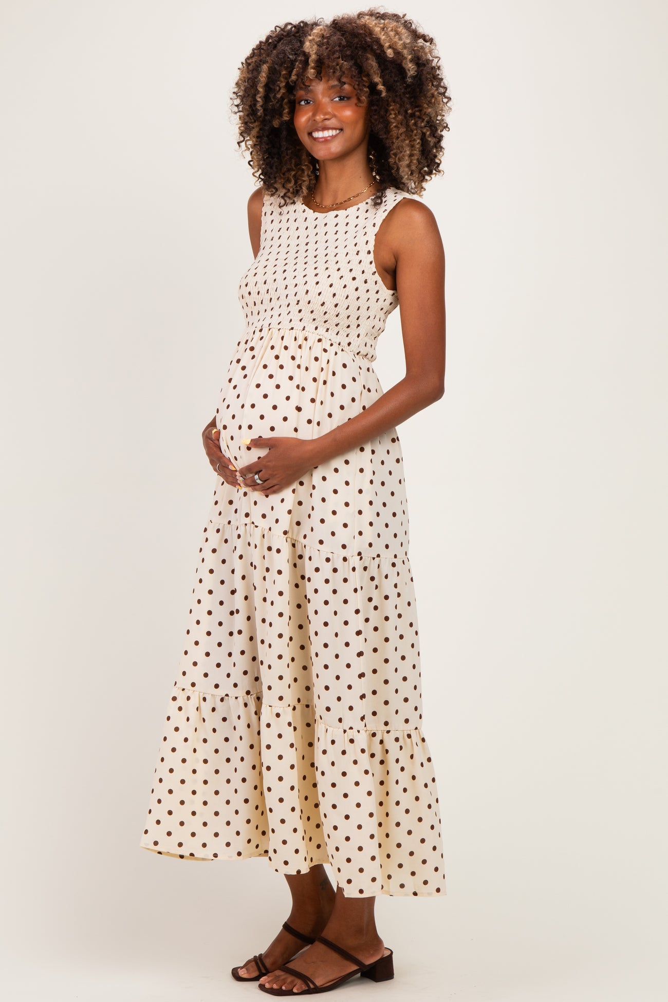 Cream Polka Dot Smocked Tiered Maternity Maxi Dress