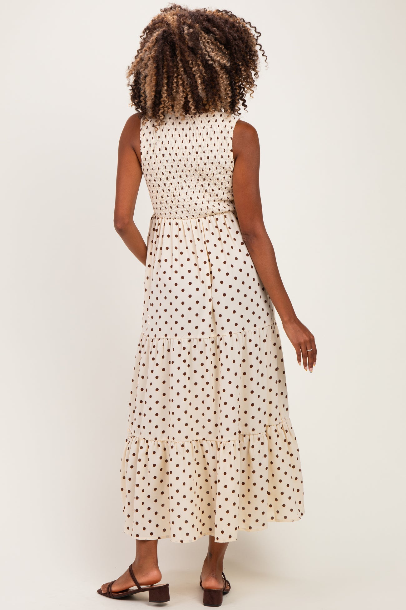 Cream Polka Dot Smocked Tiered Maternity Maxi Dress