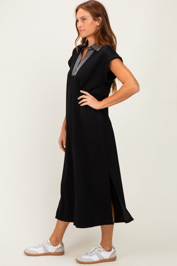 Black Striped Collared Side Slit Midi Dress
