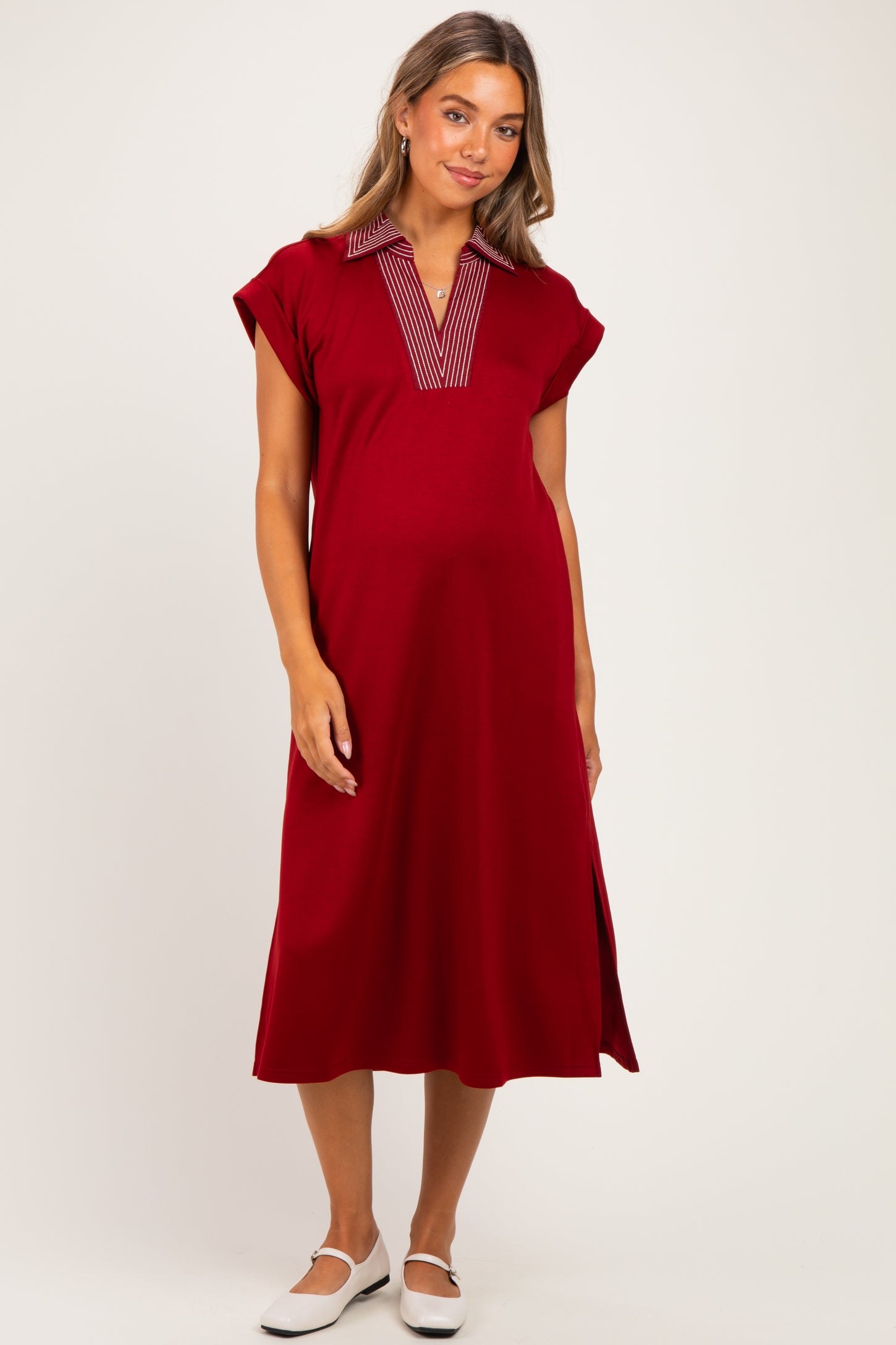 Burgundy Striped Collared Side Slit Maternity Midi Dress