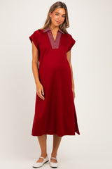 Burgundy Striped Collared Side Slit Maternity Midi Dress