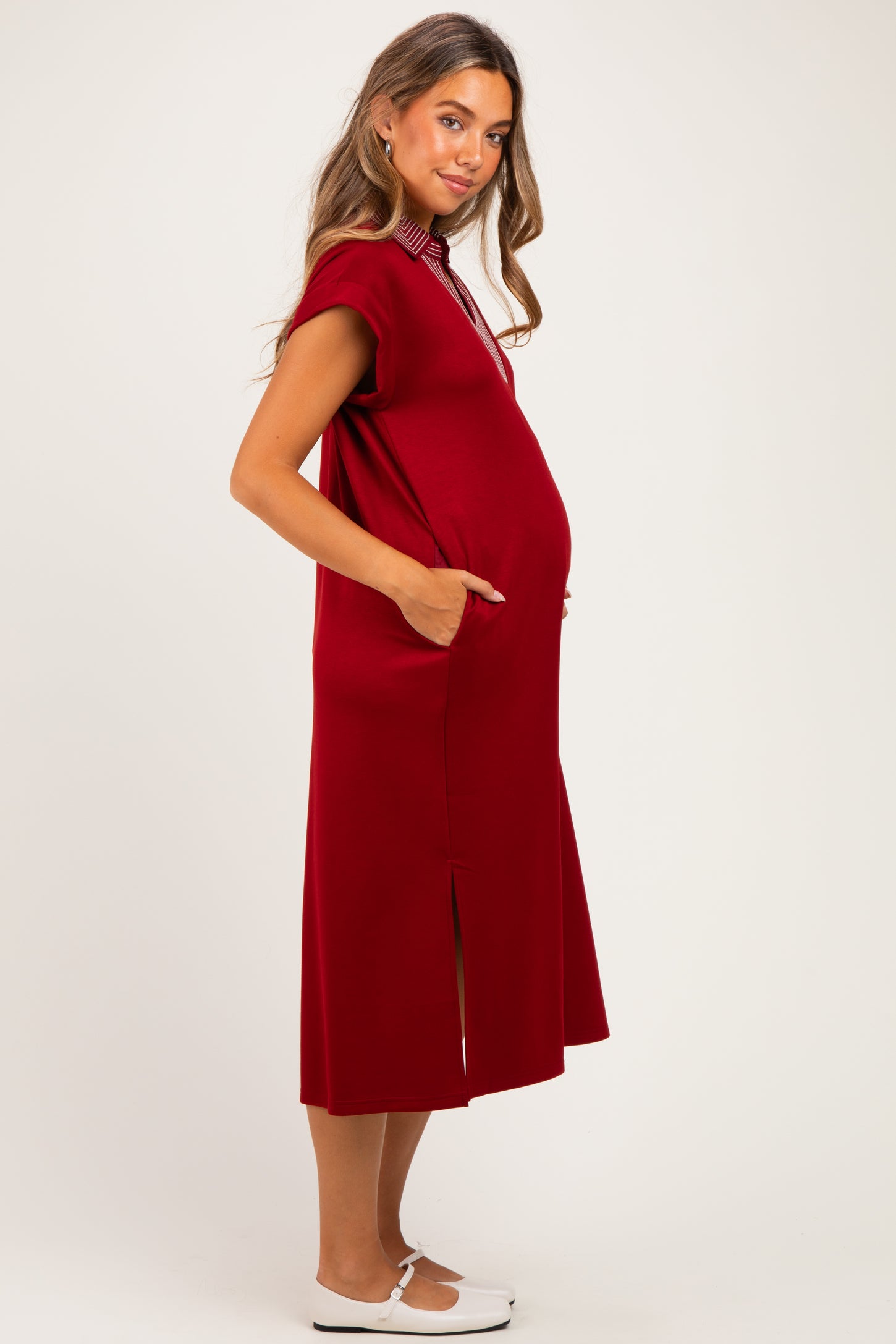 Burgundy Striped Collared Side Slit Maternity Midi Dress