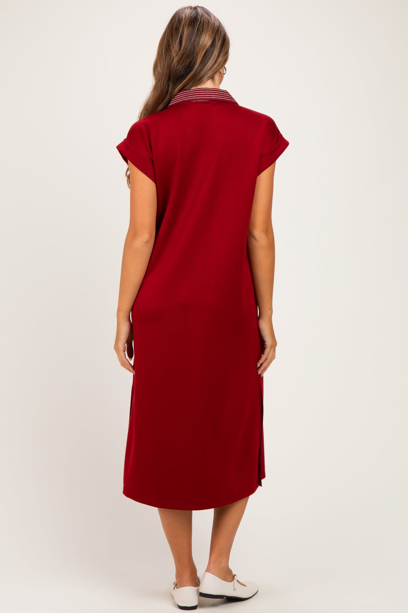 Burgundy Striped Collared Side Slit Maternity Midi Dress