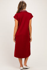 Burgundy Striped Collared Side Slit Maternity Midi Dress