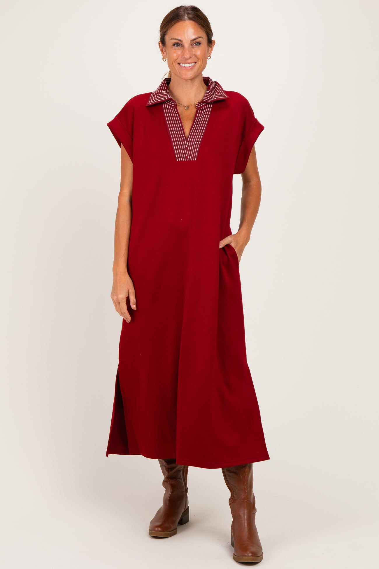 Burgundy Striped Collared Side Slit Midi Dress