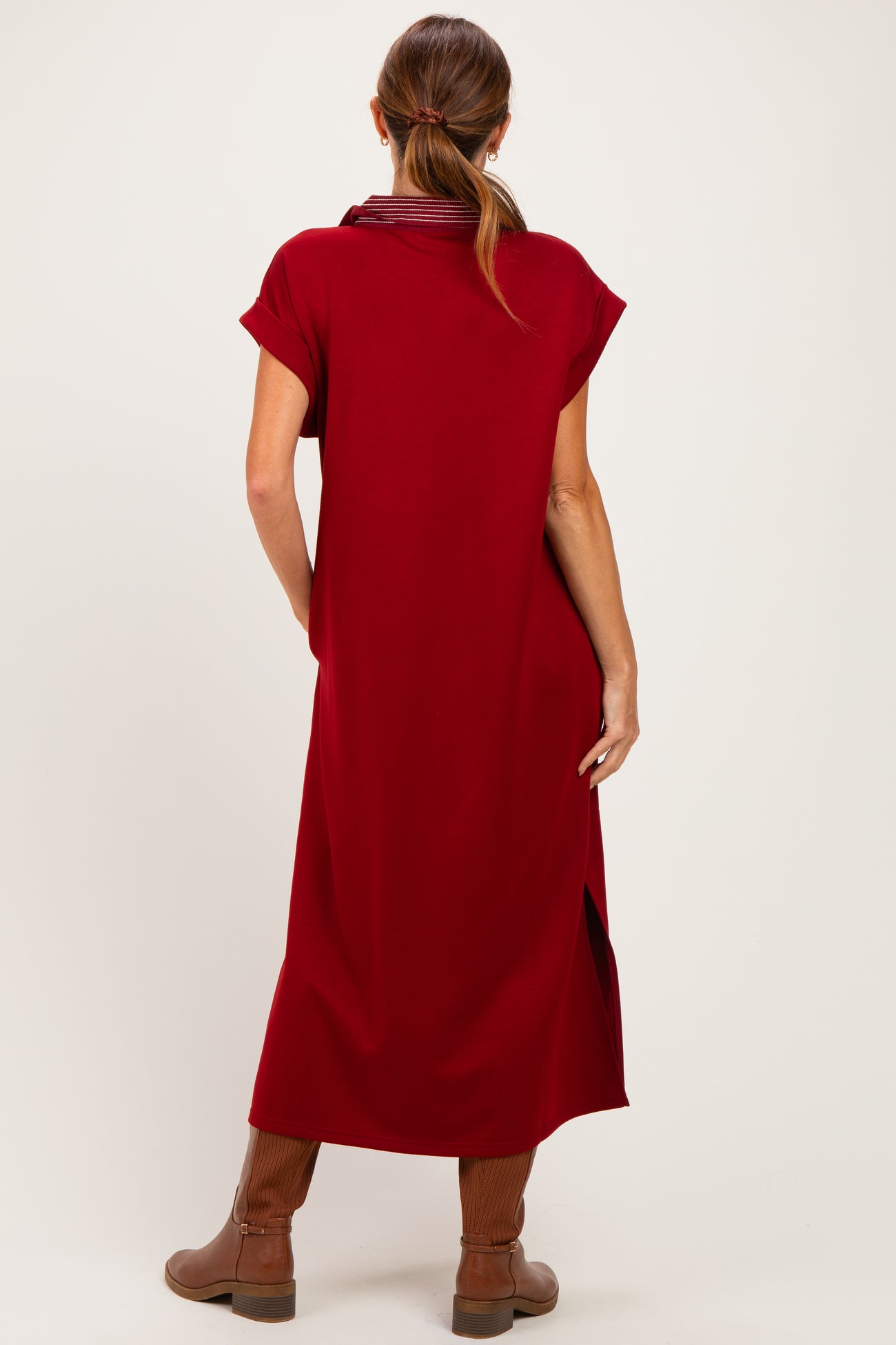 Burgundy Striped Collared Side Slit Midi Dress