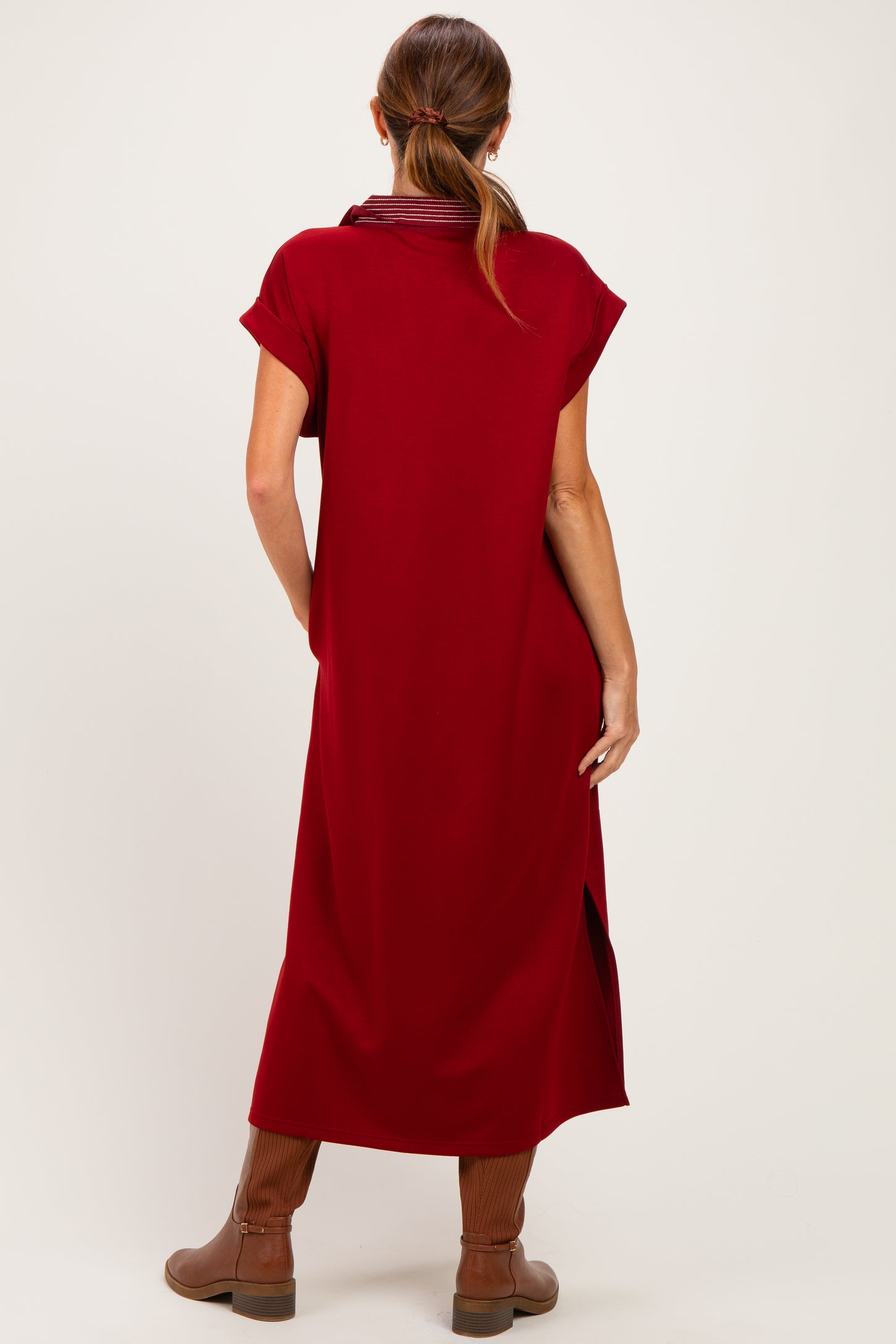 Burgundy Striped Collared Side Slit Midi Dress