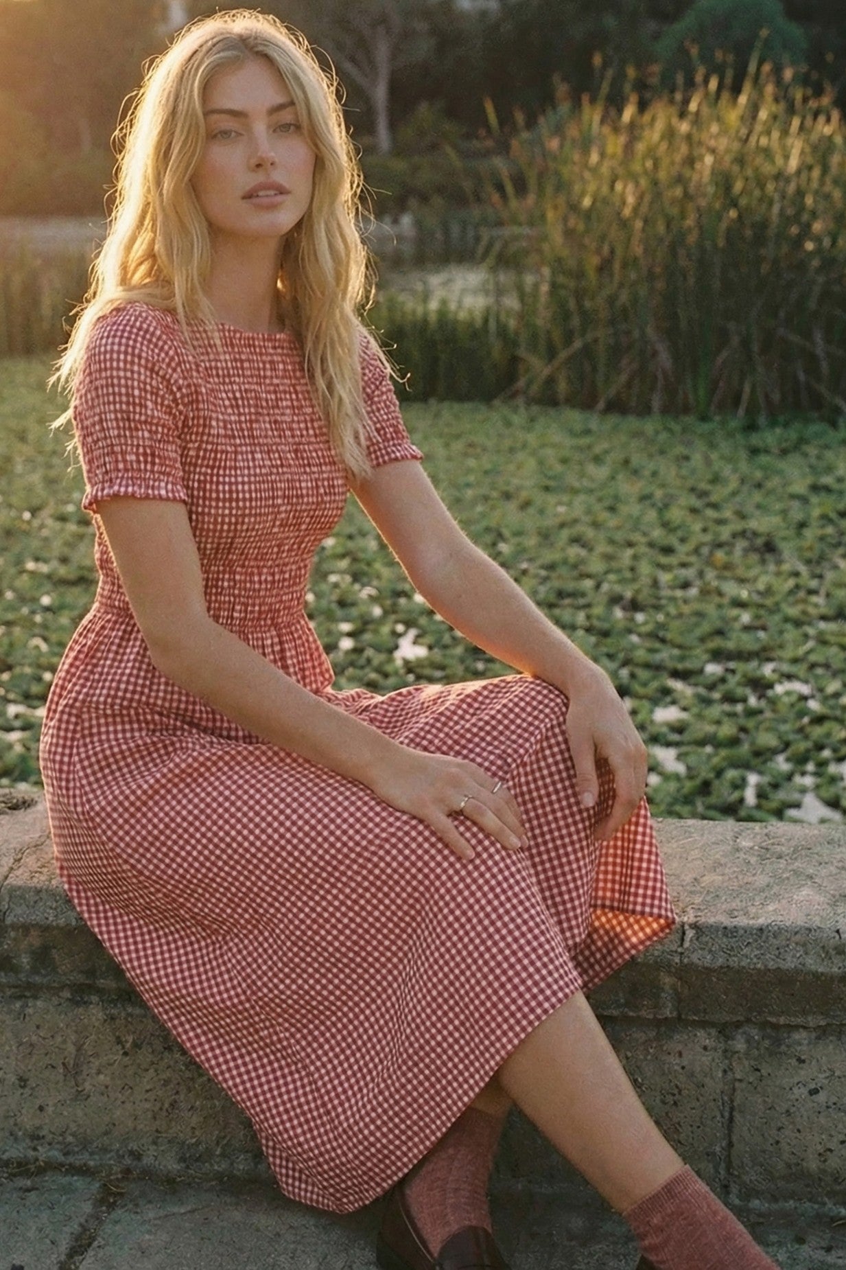 Cherry Smocked Gingham Maternity Midi Dress