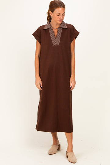 Brown Striped Collared Side Slit Midi Dress