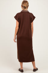 Brown Striped Collared Side Slit Maternity Midi Dress