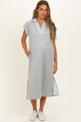 Heather Grey Striped Collared Side Slit Maternity Midi Dress