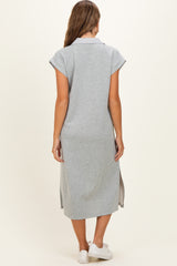 Heather Grey Striped Collared Side Slit Maternity Midi Dress