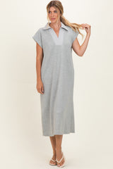 Heather Grey Striped Collared Side Slit Midi Dress