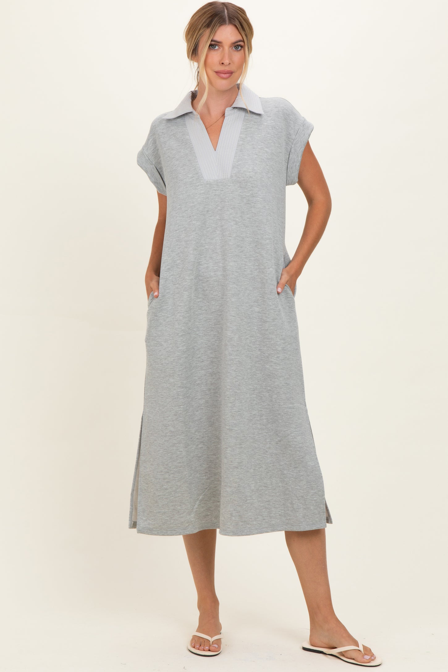 Heather Grey Striped Collared Side Slit Midi Dress