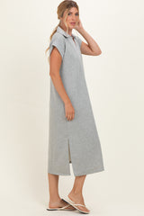 Heather Grey Striped Collared Side Slit Midi Dress