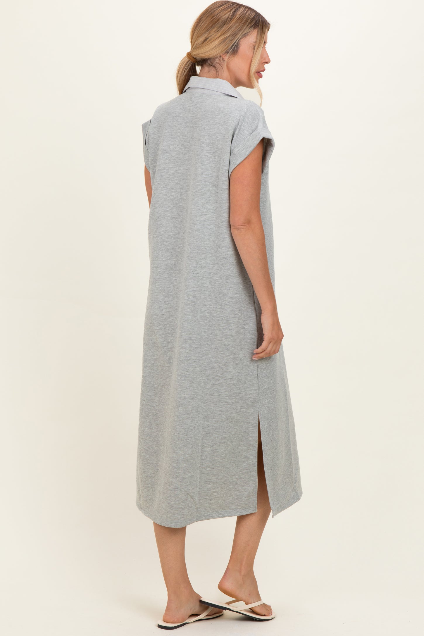 Heather Grey Striped Collared Side Slit Midi Dress