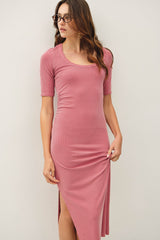 Dusty Rose Ruched Short Sleeve Side Slit Midi Dress