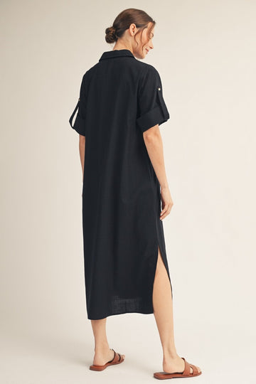 Black Side Slit Button Down Midi Dress