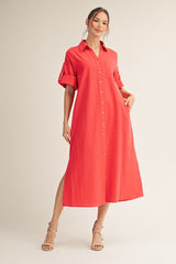 Red Side Slit Button Down Midi Dress